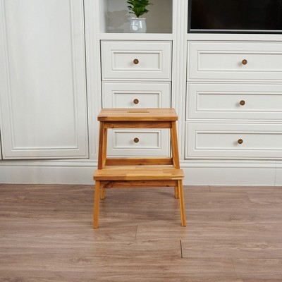 Wooded 2 Step Stool For Kids, Toddler Step Stool Helper, Heavy Duty Bathroom Stool Holds Up To 250lbs, Acacia Wood Step Stairs For Bedroom