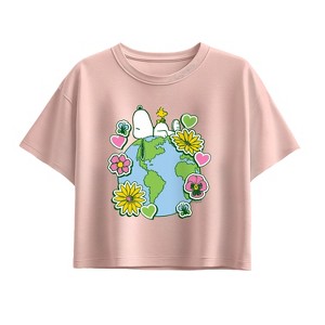 Girls' - Peanuts - Snoopy Woodstock Earth Stickers Short Sleeve Boxy Graphic T-Shirt - 1 of 2