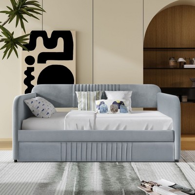 NicBex Twin Size Velvet Fabric Daybed Modern Wooden Bed Frame with Trundle for Bedroom, Living Room, No Box Spring Required, Space Saving