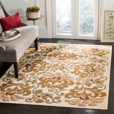 Cream and Gold Floral Viscose Chenille Area Rug