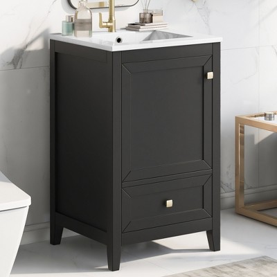 ALEXOUN 20 Inch Freestanding Bathroom Vanity Cabinet with Ceramic Sink,Vanity Storage with Soft-Close Door & 2-Tier Storage Rack for Small Space