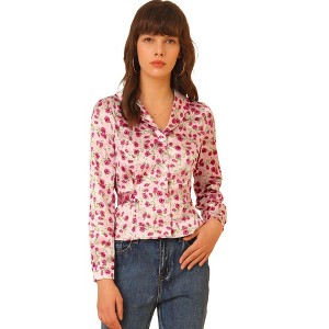INSPIRE CHIC Women's Satin Floral V Neck Tie Back Long Sleeve Button-Up Blouse - 1 of 4