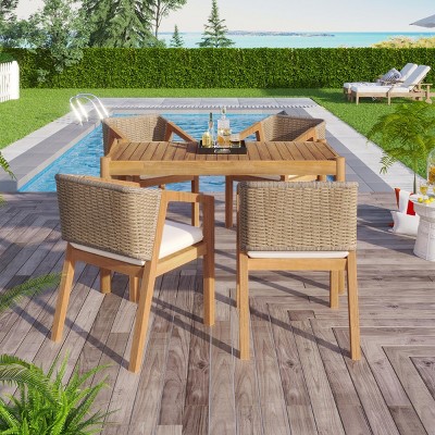 5-Piece Outdoor Dining Set for 4 People, Rope Woven Backrest Chairs and Acacia Table, Acacia Dining Chairs with Foam Cushions-Coolbibila
