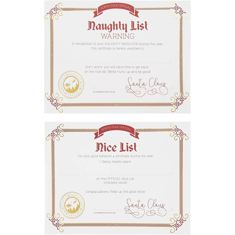 Nice and Naughty List Certificates - 48-Pack Christmas Certificate Paper from Santa Claus, Gold Foil Print Design, 180 GSM, 11x8.5", 4 of 8