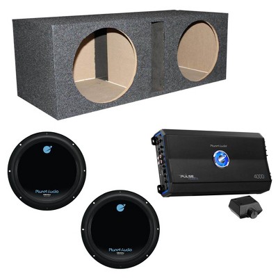 Planet Audio 4000W Amplifier & 12" 1800W Subwoofer (2 Pack) & Vented 12" Sub Box