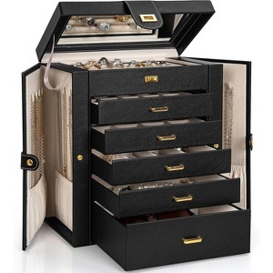 Leather Jewelry Box with Mirror - Multi-Compartment Organizer for Rings & Necklaces, Black - 1 of 4