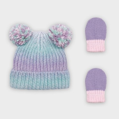 Image of Baby Girls' Rib Ombre Knit Beanie and Magic Mittens Set - Cat & Jack™ Teal/Pink/Purple 0-6M