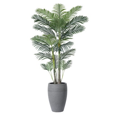 DR.Planzen 8ft UV Resistant Artificial Palm Tree with Grey Tall Planter, Fake Palm Plant for Indoor Outdoor Home Decor Office House Decor