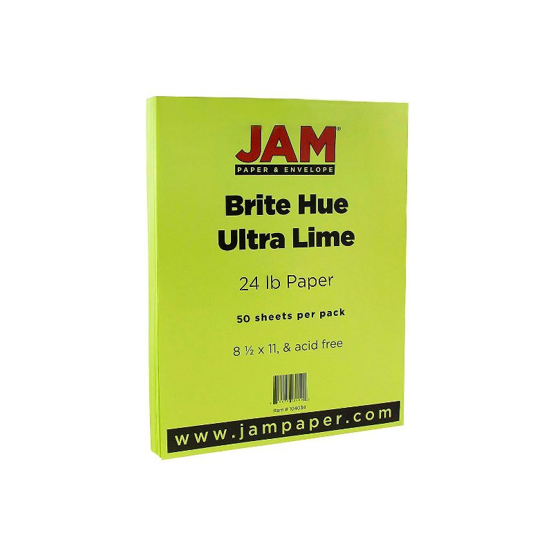 JAM Paper Smooth Colored Paper 24 lbs. 8.5" x 11" Ultra Lime Green 50 Sheets/Pack (104034A), 1 of 3