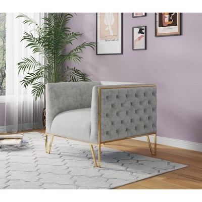 Gray Velvet Barrel Accent Chair with Gold Metal Legs