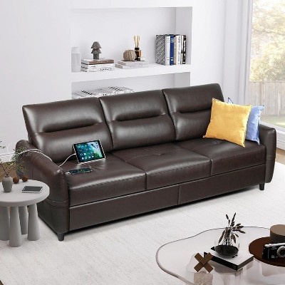 85“ Faux Leather 3-Seater Sofa with USB Ports, Mid-Century Modern Couch for Living Room, Office, or Apartment – Black