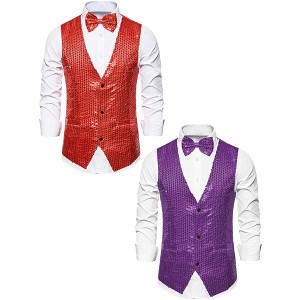Lars Amadeus Men's Shiny Sequins Disco Party Prom Formal Vest with Bow Tie 2 Packs - 1 of 4