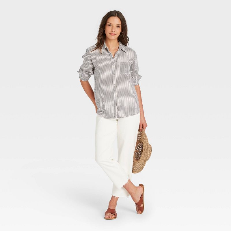 Women&#39;s Thin Long Sleeve Gauze Button-Down Shirt - Universal Thread&#8482; Black Striped L, 3 of 4