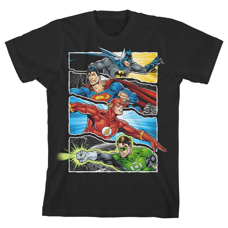 Justice League Four Superheroes Black T-shirt Toddler Boy to Youth Boy, 1 of 4
