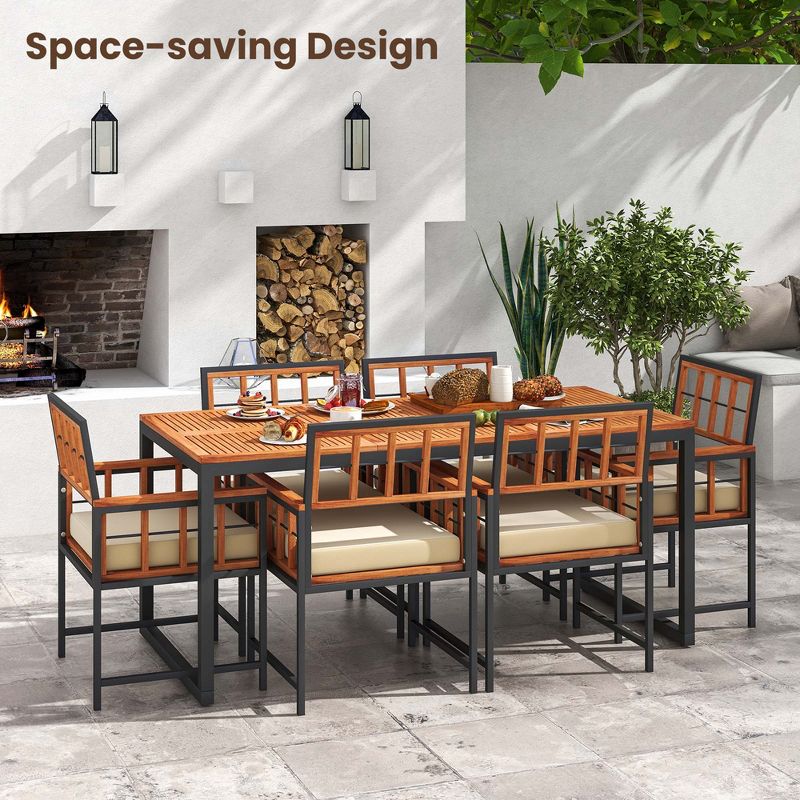 Costway 7 PCS Patio Dining Set Outdoor Acacia Wood Table with Soft Cushions Umbrella Hole, 4 of 11