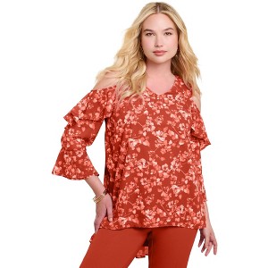 Roaman's Women's Plus Size Cold Shoulder Georgette Big Shirt - 1 of 4
