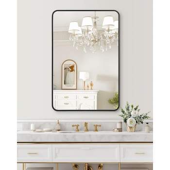 Black Metal Framed Bathroom Mirror, Rounded Corner Rectangular Vanity Mirror, Hangs Horizontally or Vertically