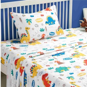 3 Piece Kids Twin Sheet Set Dinosaur Soft Microfiber Bed Sheets Deep Pocket Wrinkle Free Cozy Toddler Bedding Set Fade Resistant Breathable Girl Joyin - 1 of 4