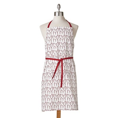tag Candy Cane Print Classic Bib Cotton Apron, Adjustable Slide Through Ties, 2 Pockets, One Size Fits Most, Machine Wash, White