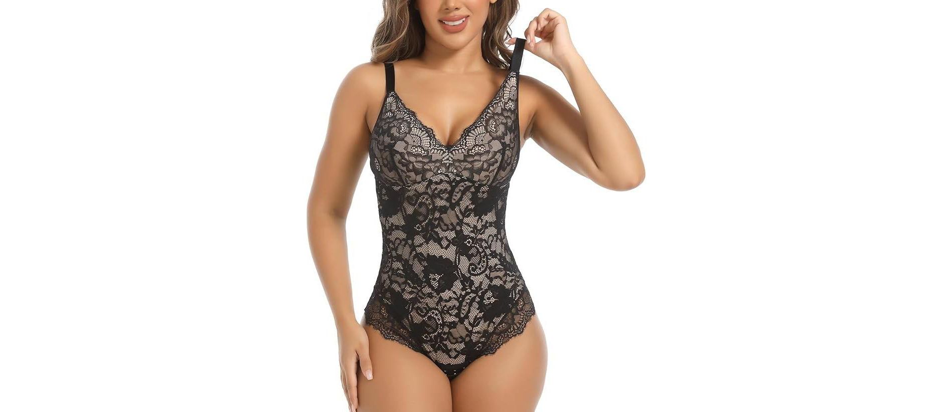 Voxshe Lace Shapewear Bodysuit for Women Tummy Control Shaperwear V Neck Sleeveless Body Shaper  Women’s Corset Top BL-SW02-2XL