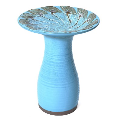 LuxenHome 20" Elegant Tall Ceramic Bird Bath for Outside with Leaf Pattern, Sky Blue