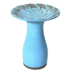 LuxenHome 20" Elegant Tall Ceramic Bird Bath for Outside with Leaf Pattern, Sky Blue - 1 of 4