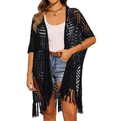 INSPIRE CHIC Women's Boho Open Front Short Sleeve Lightweight Fringe Beach Knit Cardigans