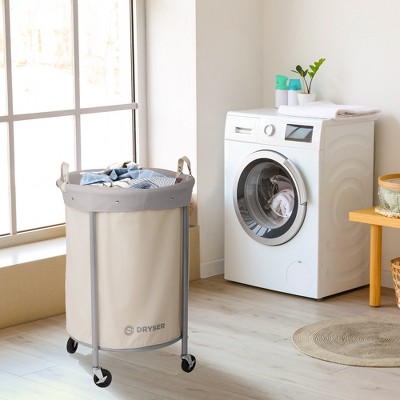 Dryser Round Beige Canvas Rolling Laundry Hamper with Steel Frame