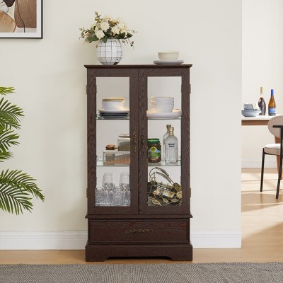 Wooakway 47"H Cherry Lighted Glass Curio Cabinet with Adjustable Shelves Two Doors One Drawer Bulb Included