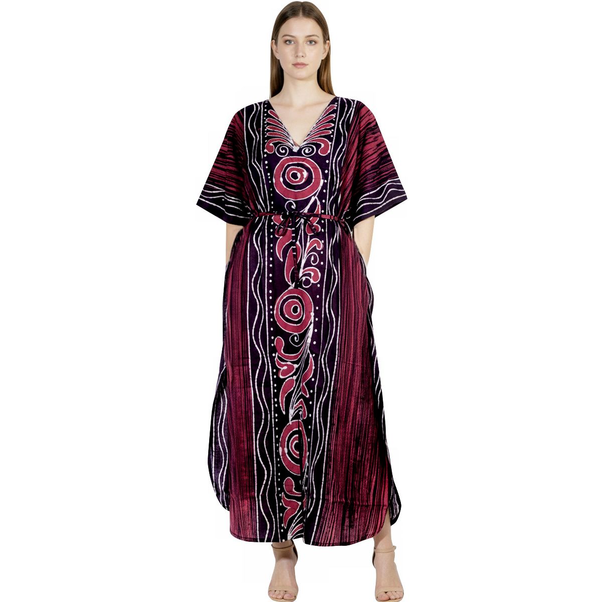 LA LEELA Summer Cotton Resortwear Caftan for Women Vacation Cruise Holiday Loungewear Maternity Friendly Beach Maxi Dress 1X-2X Red Paisley
