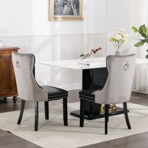 MAYEERTY Modern High-End Tufted Dining Chair - Solid Wood, PU & Velvet Upholstery, Wood Legs, Nailhead Trim, 2-Pcs Set - 1 of 4
