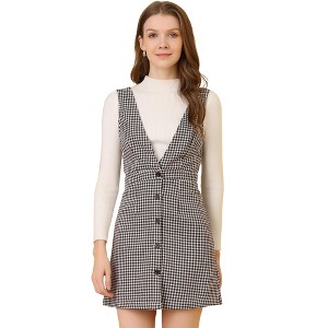 Allegra K Women's V Neck Gingham Check Pinafore Overalls Suspenders Plaid Print Dress - 1 of 4