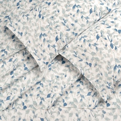 Queen Blue Botanical Organic Cotton Satin Sheet Set