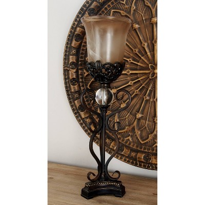 Olivia & May Mediterranean Metal Uplight Set of 2 Brown: Floral Glass Shade, Indoor Accent Lighting, No Assembly Required
