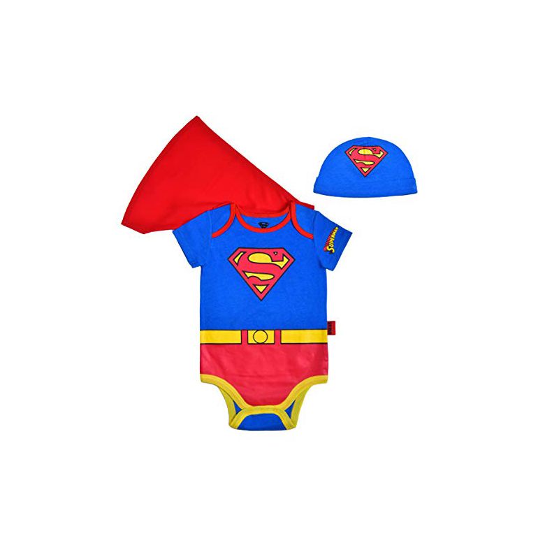 Warner Bros Baby Boy's Superman Graphic Printed Short Sleeve Bodysuit Creeper with Cape and Cap for infant, 1 of 7