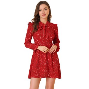 Allegra K Women's Floral Print Tie Neck High Waist Long Sleeve Ruffle Cuff Mini Dress - 1 of 4