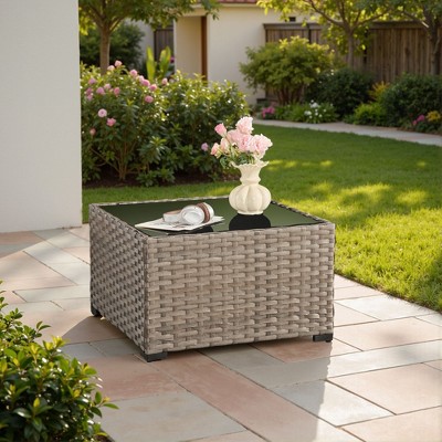 XIZZI Outdoor Coffee Table with Umbrella Base Insert, All-Weather Wicker Patio Table with Center Umbrella Hole, Square Umbrella Table, Gray 1