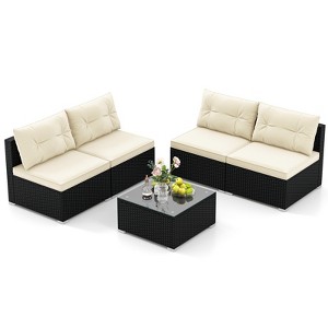 Tangkula 5 Pieces Outdoor Patio Furniture Set Sectional PE Rattan Sofa Set with Cushions and Tempered Glass Coffee Table - 1 of 4