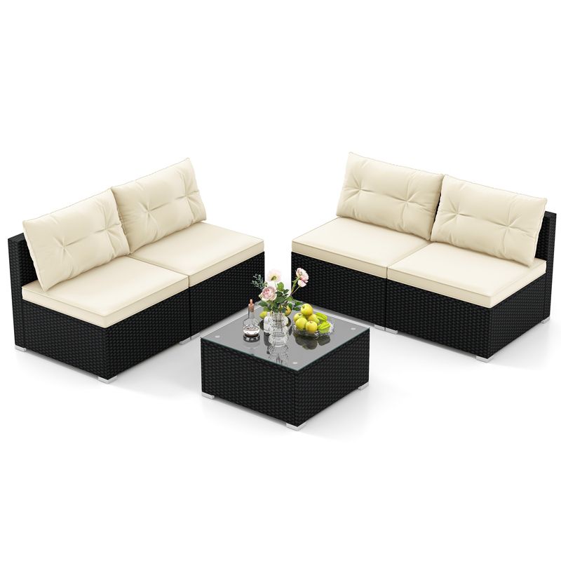 Tangkula 5 Pieces Outdoor Patio Furniture Set Sectional PE Rattan Sofa Set with Cushions and Tempered Glass Coffee Table, 1 of 10