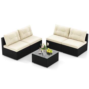 Tangkula 5 Pieces Outdoor Patio Furniture Set Sectional PE Rattan Sofa Set with Cushions and Tempered Glass Coffee Table