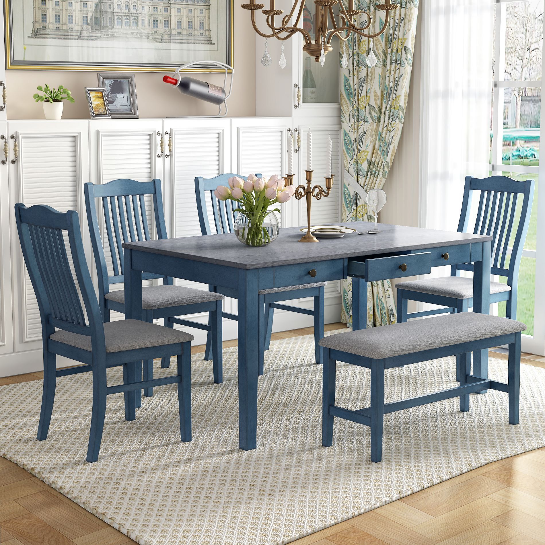 6 Piece Dining Table Set for 6, Wood Kitchen Table Set with 4 Upholstered Chairs and 1 Bench, Rectangular Breakfast Table Set for Dining Room Bar Blue