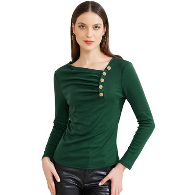 Allegra K Women's Asymmetrical Neck Button Decor Long Sleeve Pleated Casual Top