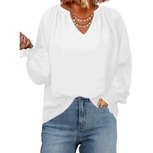 Coolmee Womens Plus Size Tops Casual V Neck Smocked Long Sleeve Chiffon Blouse Flowy Work Shirts - 1 of 4