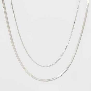Plated Herringbone and Box Chain Necklace Set 2pc - A New Day™ Silver