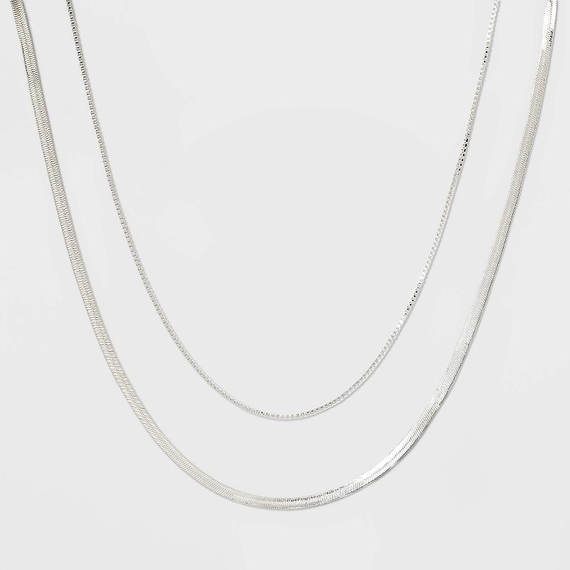 Plated Herringbone and Box Chain Necklace Set 2pc - A New Day&#8482; Silver, 1 of 4