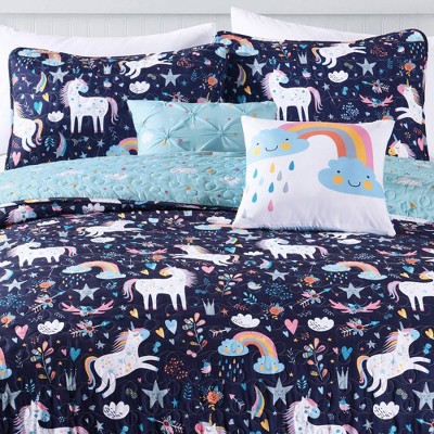Navy Unicorn Heart Reversible Microfiber Full Quilt Set