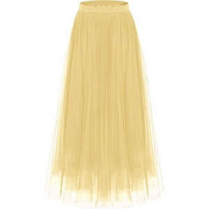 Women's 2-Layer Tulle Midi Skirt - Tiered A-Line Long Skirt with Elastic Waist for Winter Champagne - 1 of 4