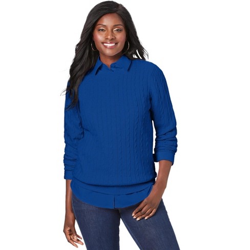 Jessica London Women's Plus Size Cable Crewneck Sweater - L, Blue