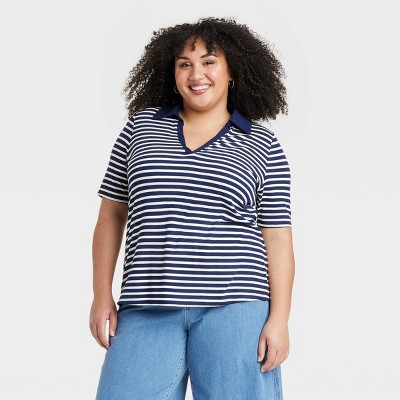 Women's Short Sleeve Ribbed Polo Shirt - Ava & Viv™ Navy Blue Striped 4X