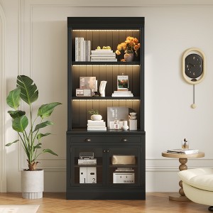 ORRD 83.4” LED Bookshelf with 2 Glass Doors & Open Shelves, Modern Black Bookcase with Drawer, Anti-Tip for Living Room, Home Office - 1 of 4